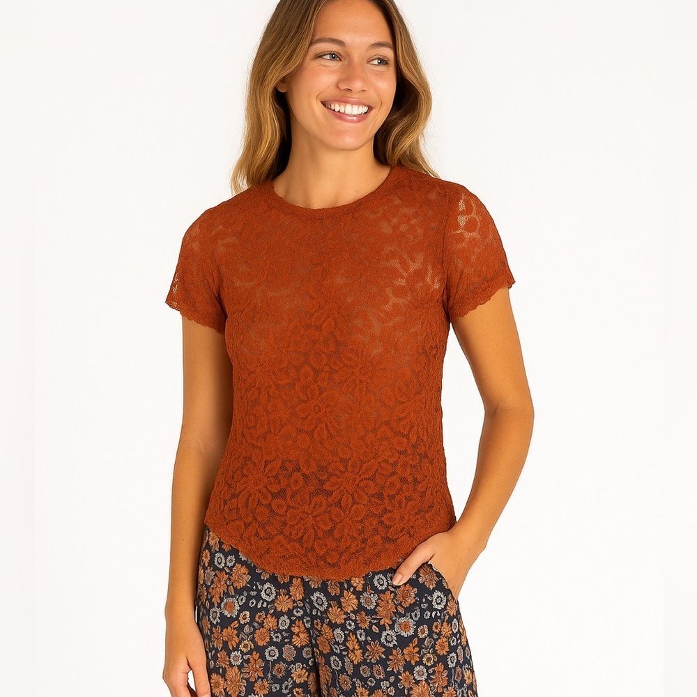 Natural Life NEW Rust Floral Lace Sheer Short Sleeve Top Stretchy Boho Size L